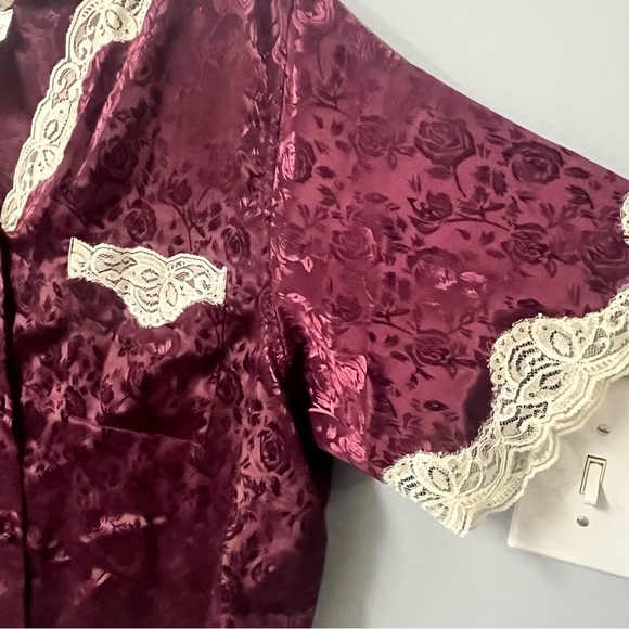 vintage adonna silky nightgown burgundy floral pattern lace trim short sleeve - Picture 2 of 8
